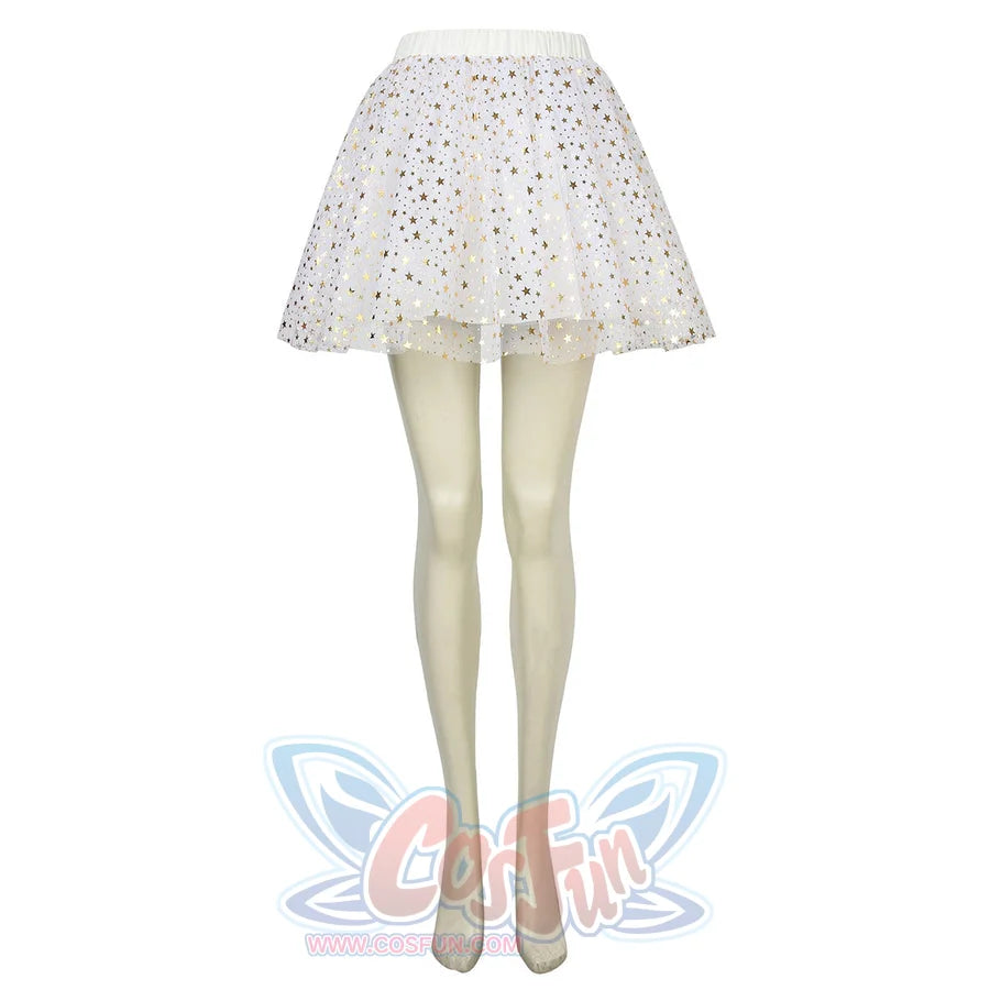 The Boys Starlight cosplay skirt front view layers sheer star mesh over the flared white mini skirt.