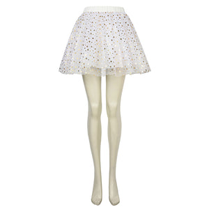 The Boys Starlight cosplay skirt front view layers sheer star mesh over the flared white mini skirt.