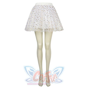 The Boys Starlight cosplay skirt front view layers sheer star mesh over the flared white mini skirt.