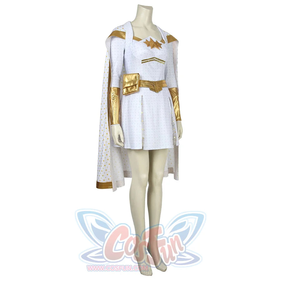 The Boys Starlight cosplay costume front view sets a fitted white mini dress below gold-tone shoulders.