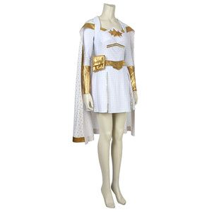 The Boys Starlight cosplay costume front view sets a fitted white mini dress below gold-tone shoulders.