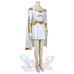 The Boys Starlight cosplay costume front view sets a fitted white mini dress below gold-tone shoulders.