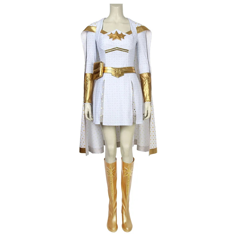 COSFUN The Boys Starlight cosplay costume layers a white mini dress under a cape above gold-tone boots.