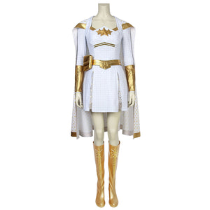 COSFUN The Boys Starlight cosplay costume layers a white mini dress under a cape above gold-tone boots.
