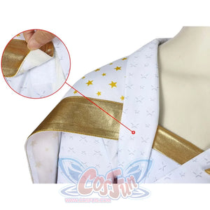The Boys Starlight cosplay shoulder detail frames the cape edge beneath gold-tone shoulder armor.