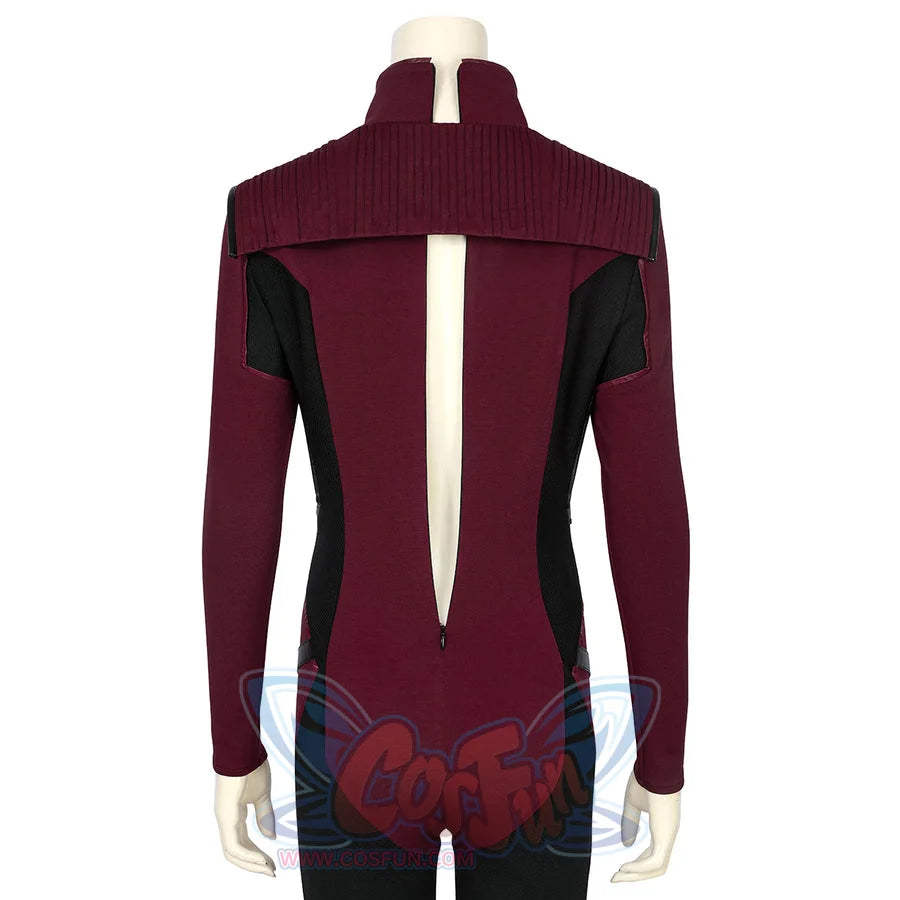 The Boys Stormfront Clara Vought cosplay bodysuit back detail centers the long zipper under the burgundy collar.