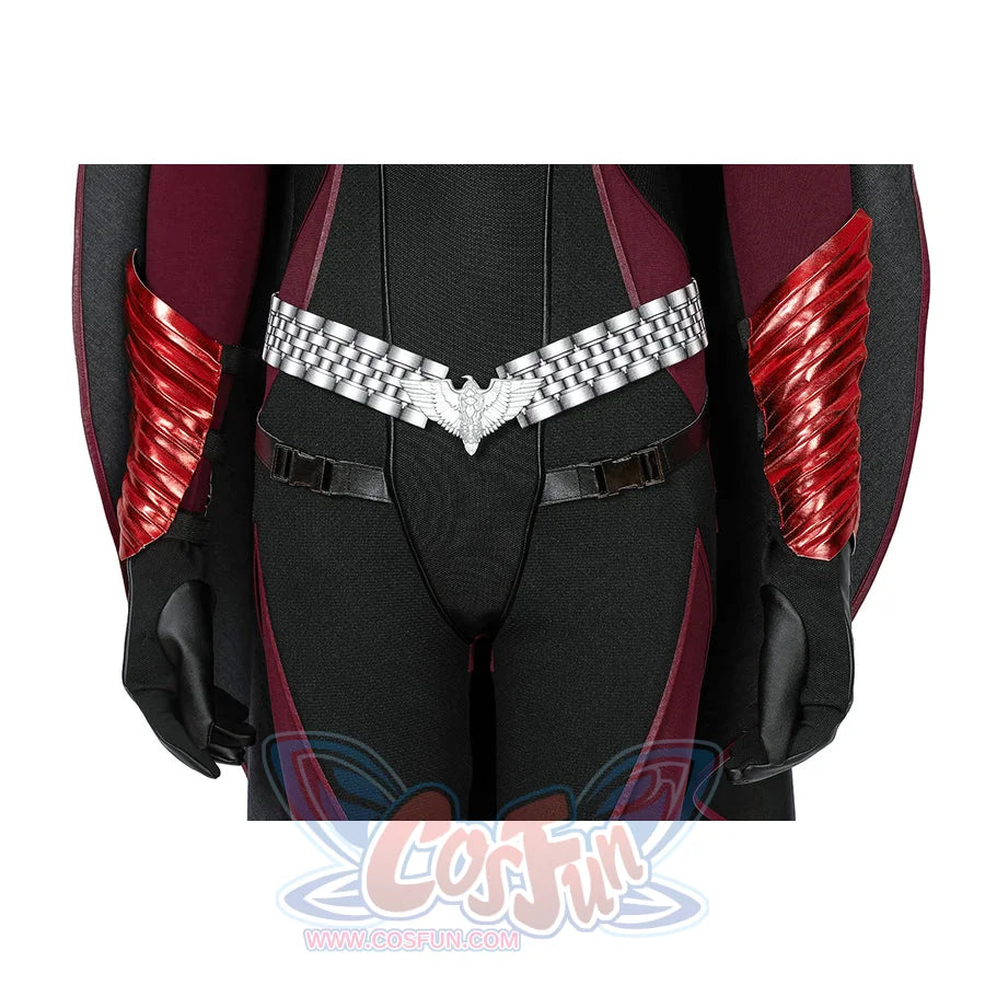 The Boys Stormfront Clara Vought cosplay belt detail angles silver links across the black and burgundy waist.