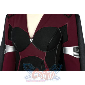 The Boys Stormfront Clara Vought cosplay bodice close-up layers black chest panels below the burgundy collar.