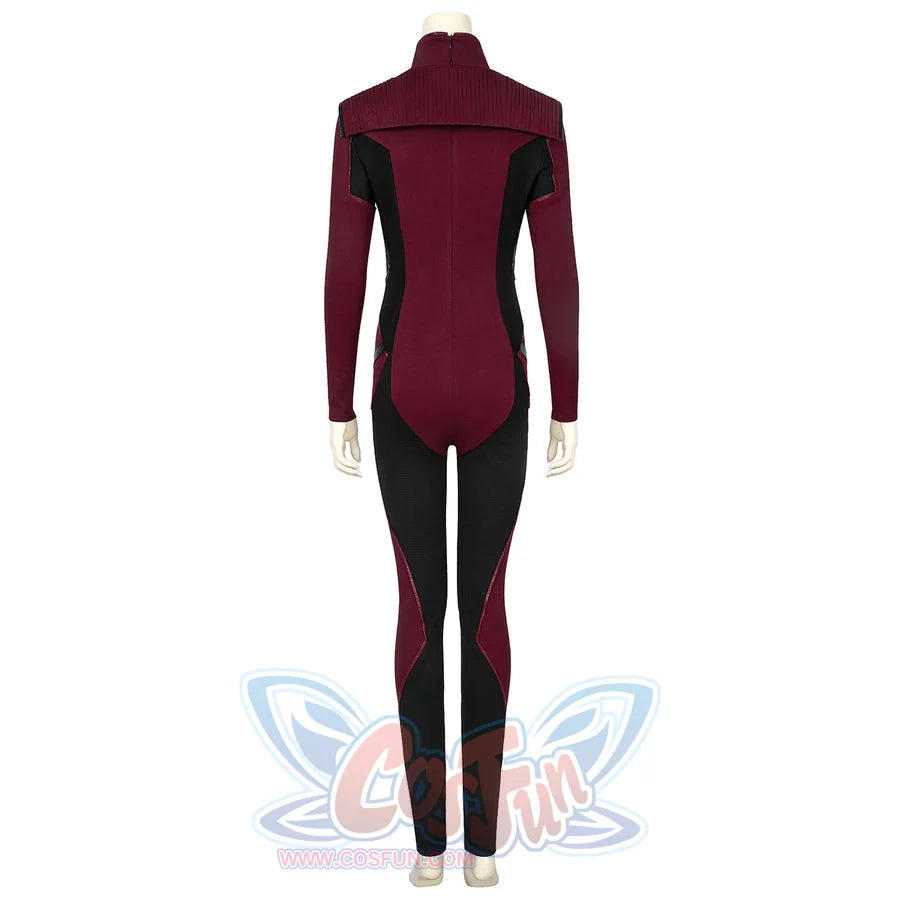 The Boys Stormfront Clara Vought cosplay bodysuit back view traces burgundy sleeves, black leg panels and fitted seams.