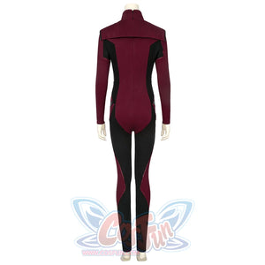 The Boys Stormfront Clara Vought cosplay bodysuit back view traces burgundy sleeves, black leg panels and fitted seams.