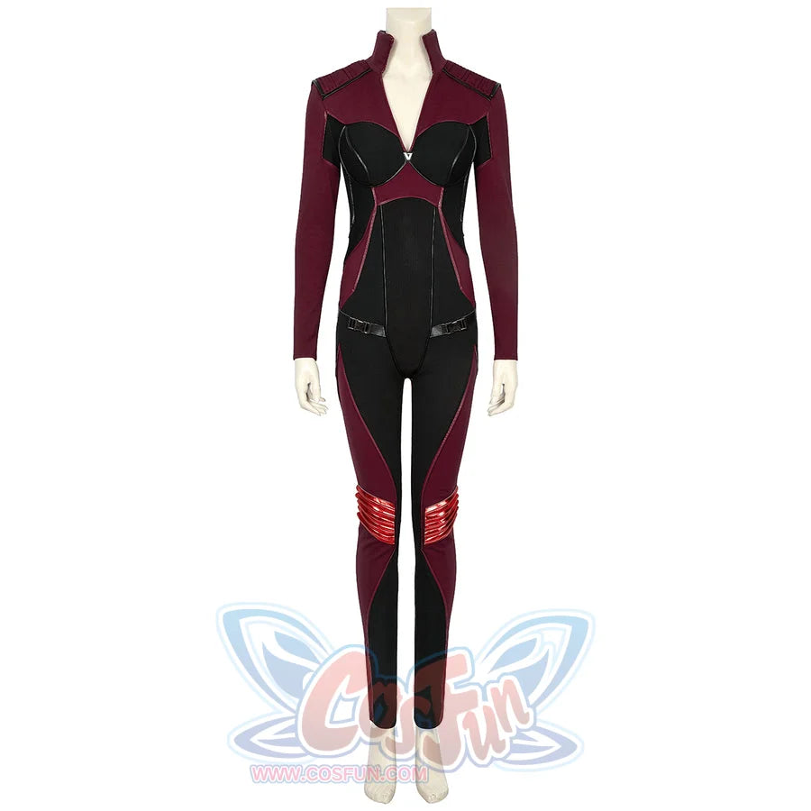 The Boys Stormfront Clara Vought cosplay bodysuit front view highlights the black chest panels and silver belt line.
