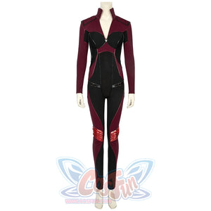 The Boys Stormfront Clara Vought cosplay bodysuit front view highlights the black chest panels and silver belt line.