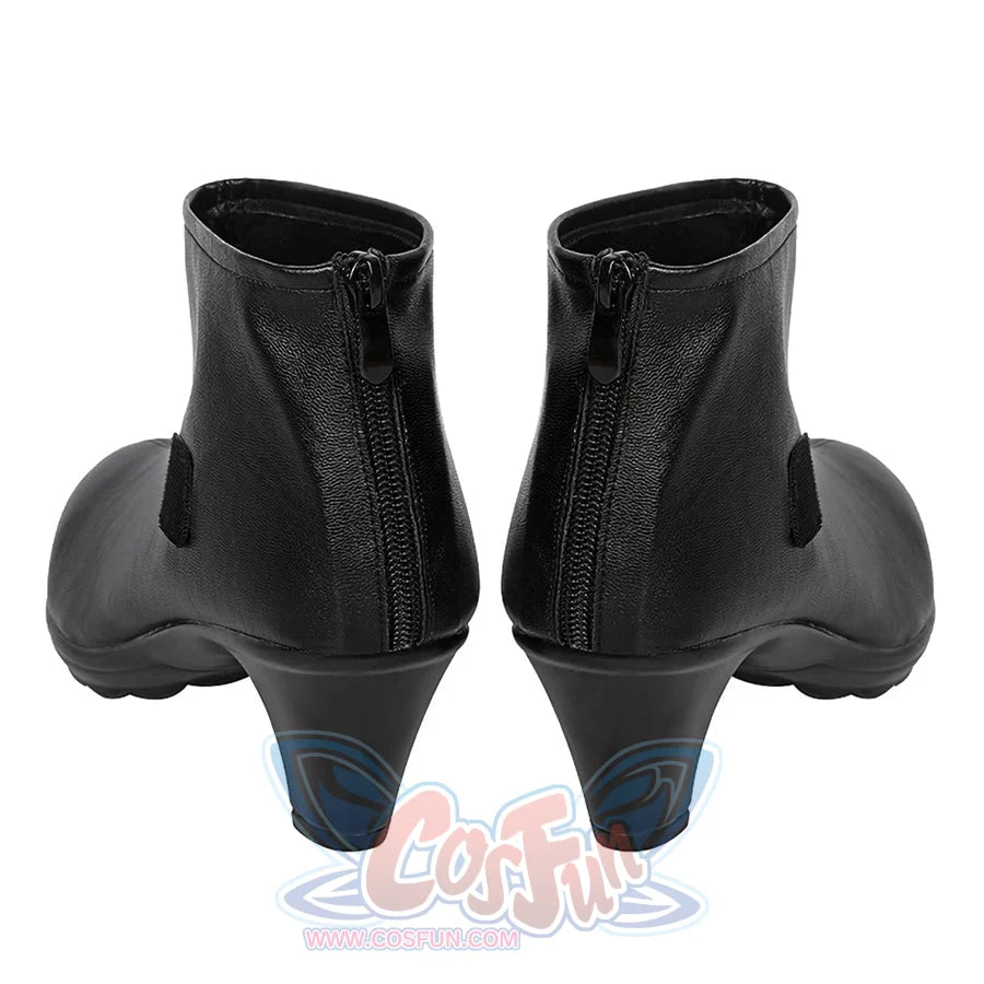The Boys Stormfront Clara Vought cosplay boots back view highlights rear zippers, rounded soles and black block heels.
