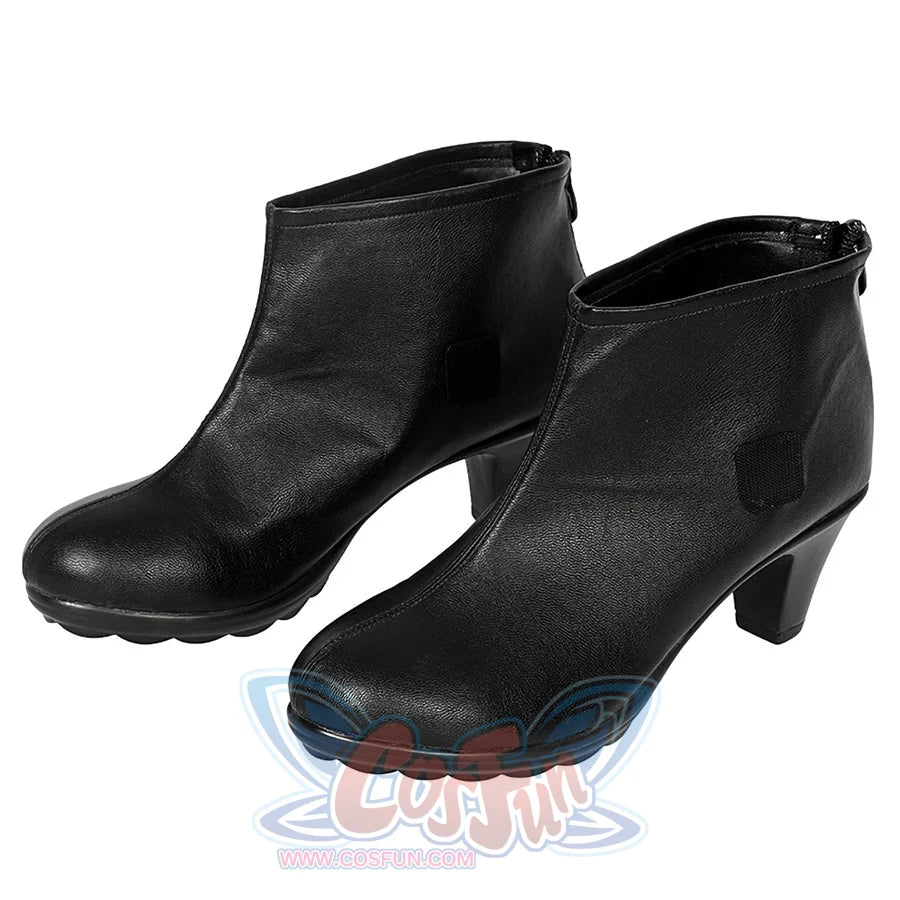 COSFUN The Boys Stormfront Clara Vought cosplay boots front view centers black matte PU leather and block heels.
