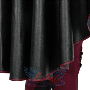 The Boys Stormfront Clara Vought cosplay cape hem detail curves black faux leather over burgundy trim.