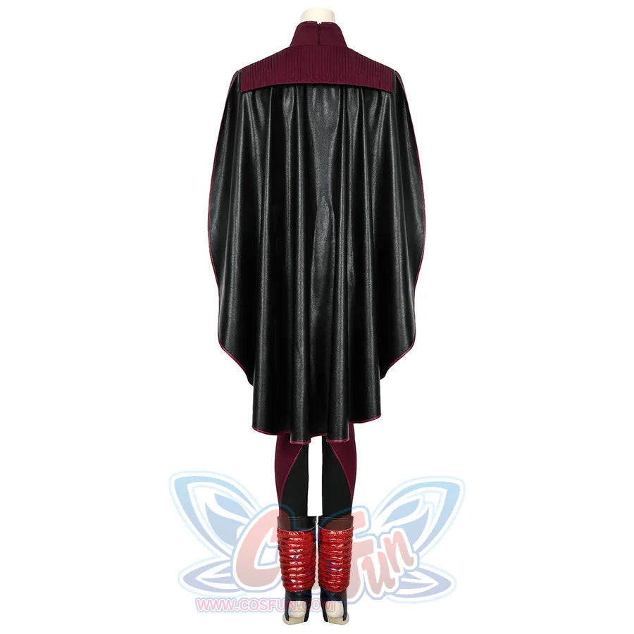 The Boys Stormfront Clara Vought cosplay cape back view falls over the burgundy bodysuit and red shoe covers.