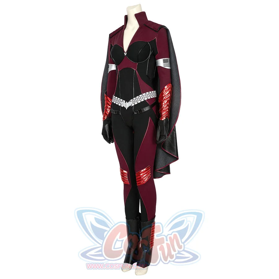 The Boys Stormfront Clara Vought cosplay costume angled view frames the burgundy collar, cape edge and black bodice.