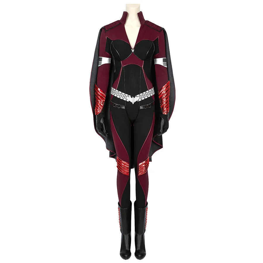 COSFUN The Boys Stormfront Clara Vought cosplay costume layers a burgundy bodysuit under a black cape and silver belt.