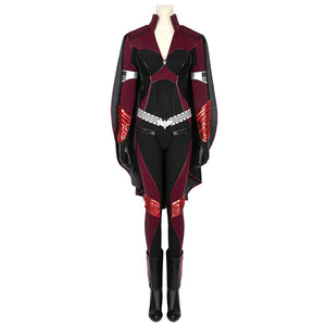 COSFUN The Boys Stormfront Clara Vought cosplay costume layers a burgundy bodysuit under a black cape and silver belt.