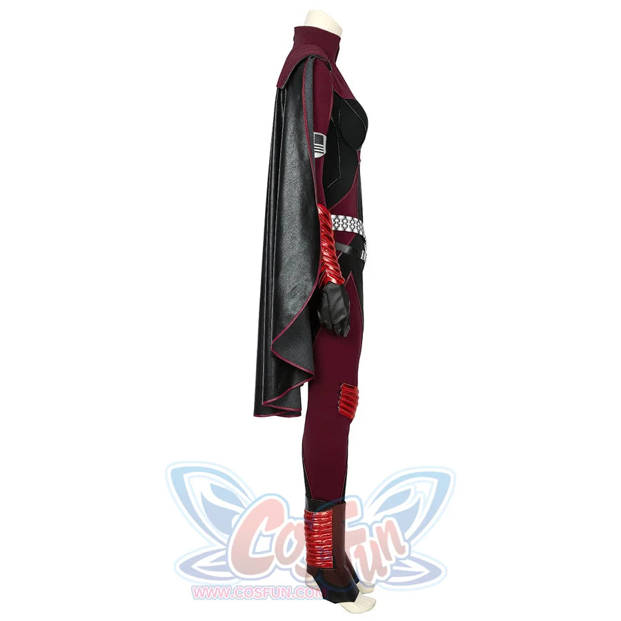 The Boys Stormfront Clara Vought cosplay costume side profile drapes the black cape beside red sleeve and boot-cover panels.