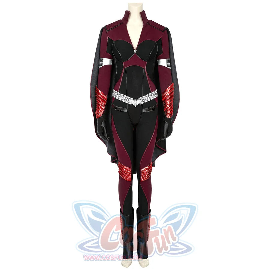 The Boys Stormfront Clara Vought cosplay costume front view balances the black bodice, silver belt and red guards.