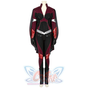 The Boys Stormfront Clara Vought cosplay costume front view balances the black bodice, silver belt and red guards.