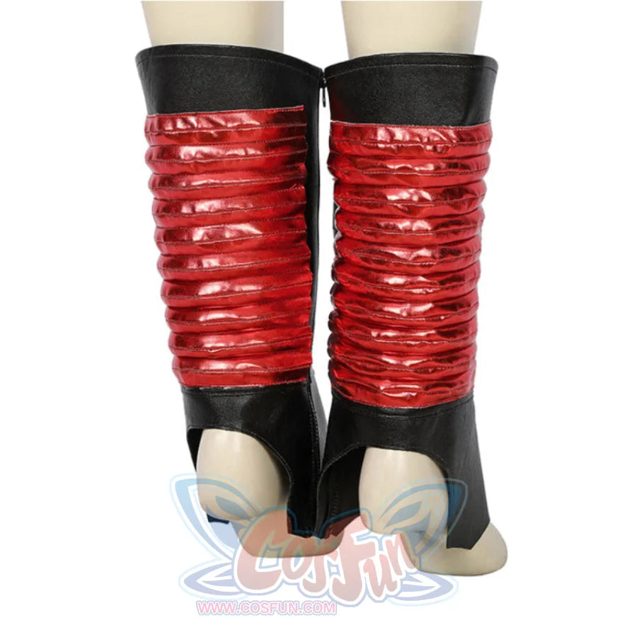 The Boys Stormfront Clara Vought cosplay shoe covers back view aligns red ridged panels behind black faux leather cuffs.