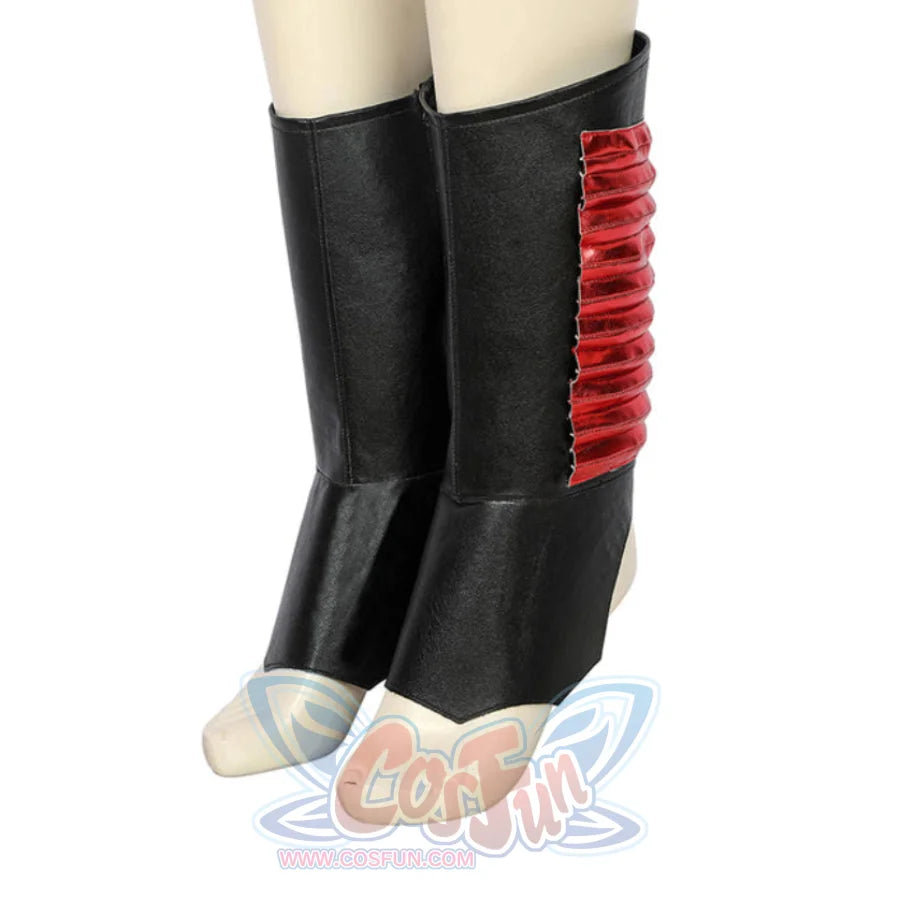 The Boys Stormfront Clara Vought cosplay shoe covers side view sets red ridged panels against black faux leather.