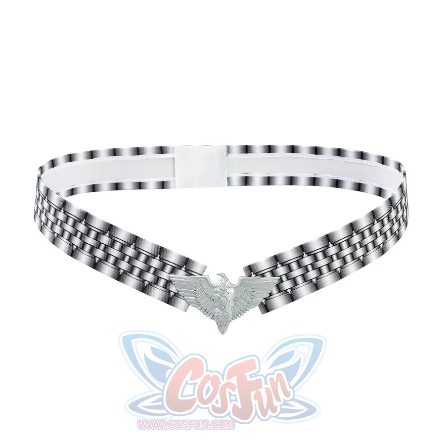 The Boys Stormfront Clara Vought cosplay belt close-up presents silver links and a wing-like center piece.