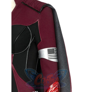 The Boys Stormfront Clara Vought cosplay sleeve guard detail stacks glossy red panels beside the black glove.