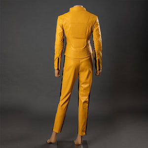Back view of The Bride cosplay costume with yellow jacket and pants, black side stripes and rear panel stitching