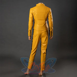 Back view of The Bride cosplay costume with yellow jacket and pants, black side stripes and rear panel stitching