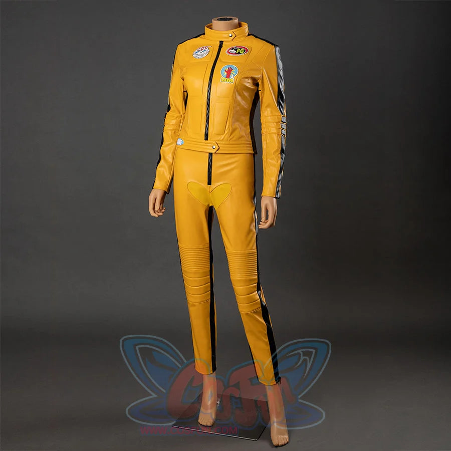 Angled front view of Kill Bill The Bride yellow track suit cosplay jacket and pants with black side stripes 