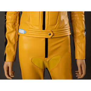 Close-up of The Bride cosplay costume waist with jacket snap tab, black zippers and heart-shaped pants front panel