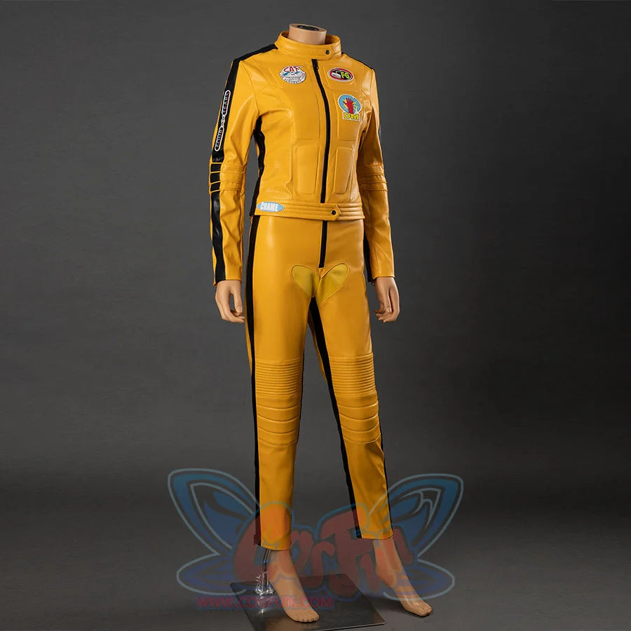 Three-quarter view of The Bride cosplay costume with yellow PU leather jacket, pants, black stripes and patches