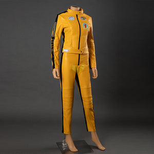 Three-quarter view of The Bride cosplay costume with yellow PU leather jacket, pants, black stripes and patches