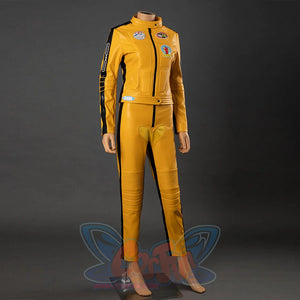 Three-quarter view of The Bride cosplay costume with yellow PU leather jacket, pants, black stripes and patches
