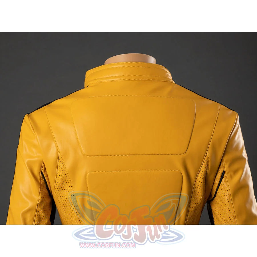 Back close-up of The Bride cosplay jacket collar and upper back with yellow stitched panel and shoulder seams