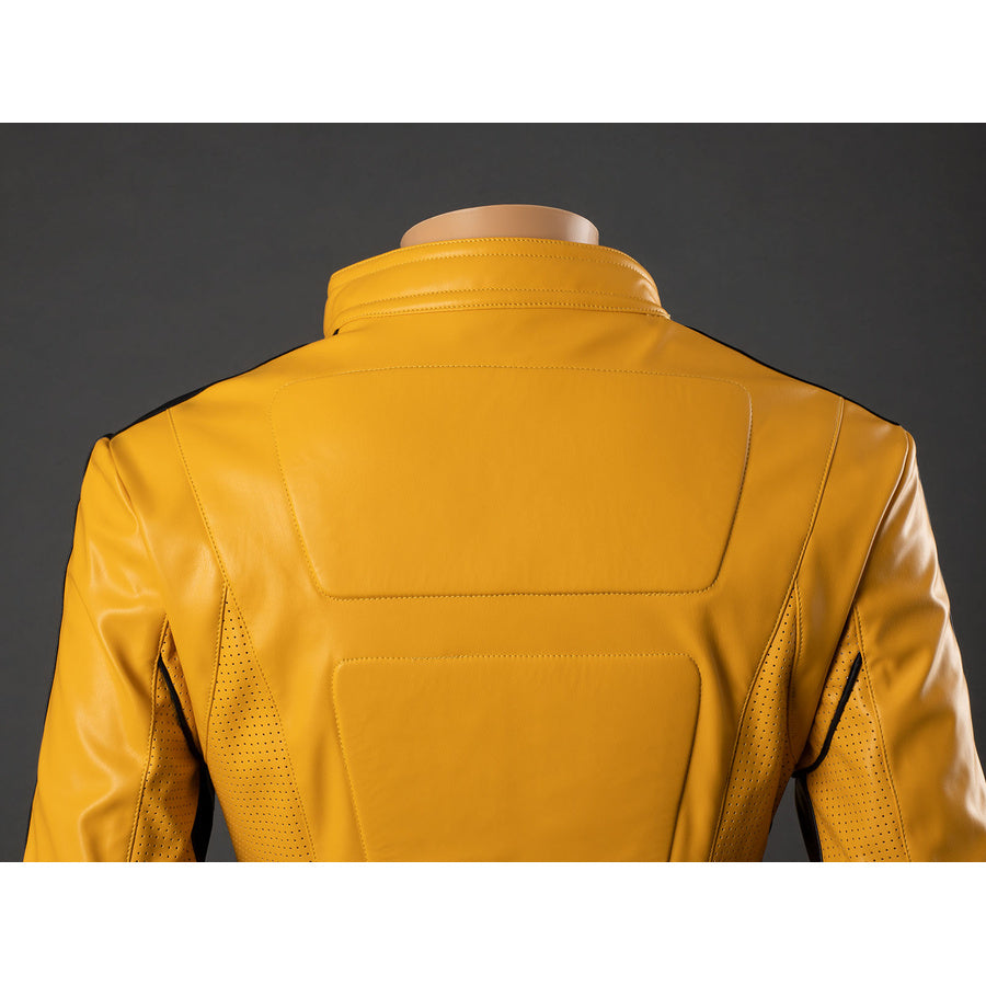 Back close-up of The Bride cosplay jacket collar and upper back with yellow stitched panel and shoulder seams