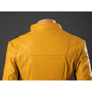 Back close-up of The Bride cosplay jacket collar and upper back with yellow stitched panel and shoulder seams