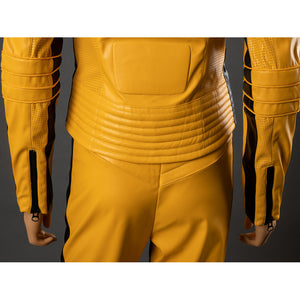 Back close-up of The Bride cosplay jacket waist with horizontal padded stitching, sleeve bands and cuff zippers