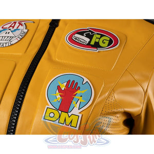 Close-up of cosplay jacket chest badges and patches on yellow PU leather from Kill Bill The Bride costume
