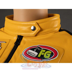 Close-up of The Bride cosplay jacket collar with snap tab, black front zipper and yellow PU leather chest panel
