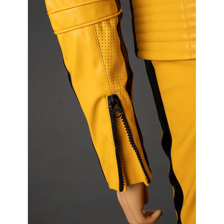 Close-up of The Bride cosplay jacket sleeve cuff with black zipper, perforated strip and padded yellow arm band