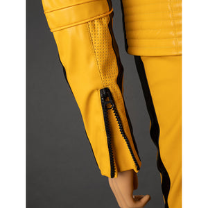 Close-up of The Bride cosplay jacket sleeve cuff with black zipper, perforated strip and padded yellow arm band