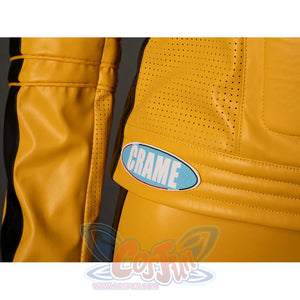 Detail of The Bride cosplay jacket side panel with perforated yellow PU leather, lower hem stitching and small patch