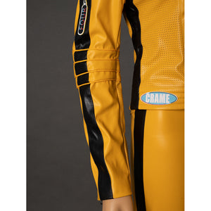 Close-up of The Bride cosplay jacket side and sleeve with black stripe, padded arm bands and perforated panel