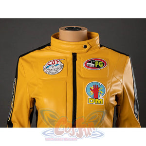 Close-up of The Bride cosplay jacket upper front with stand collar, black zipper, shoulder stripes and chest patches