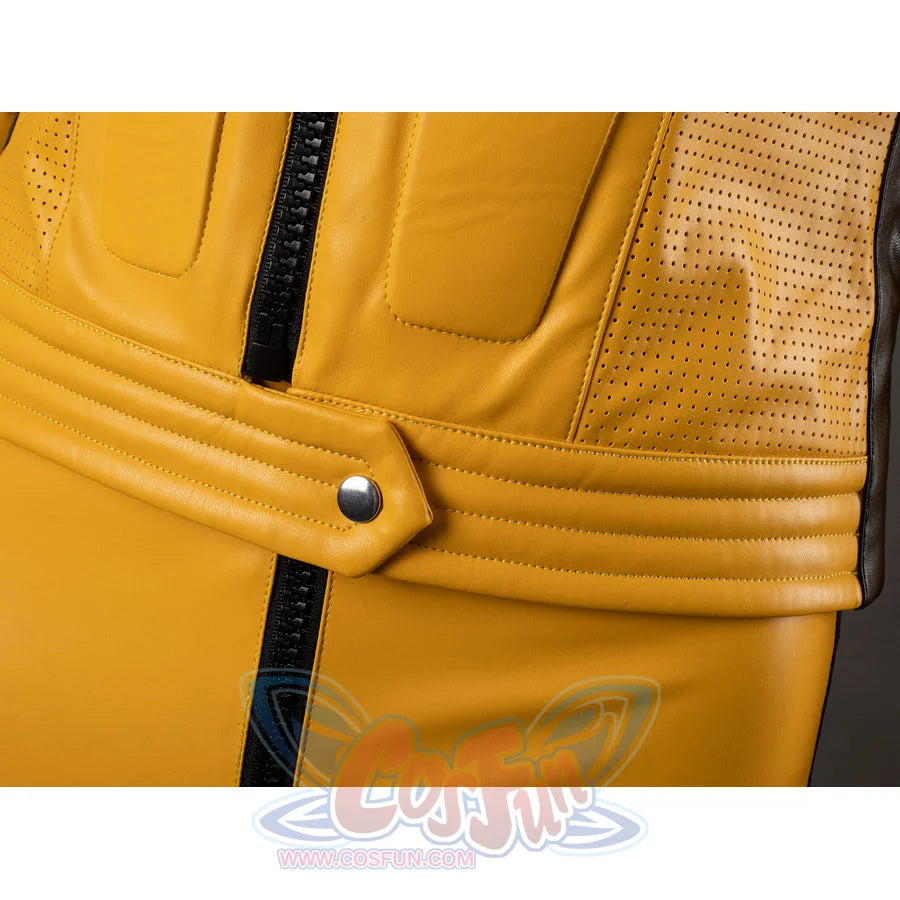 Close-up of The Bride cosplay jacket lower front with snap tab, stitched waistband and black center zipper
