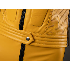 Close-up of The Bride cosplay jacket lower front with snap tab, stitched waistband and black center zipper